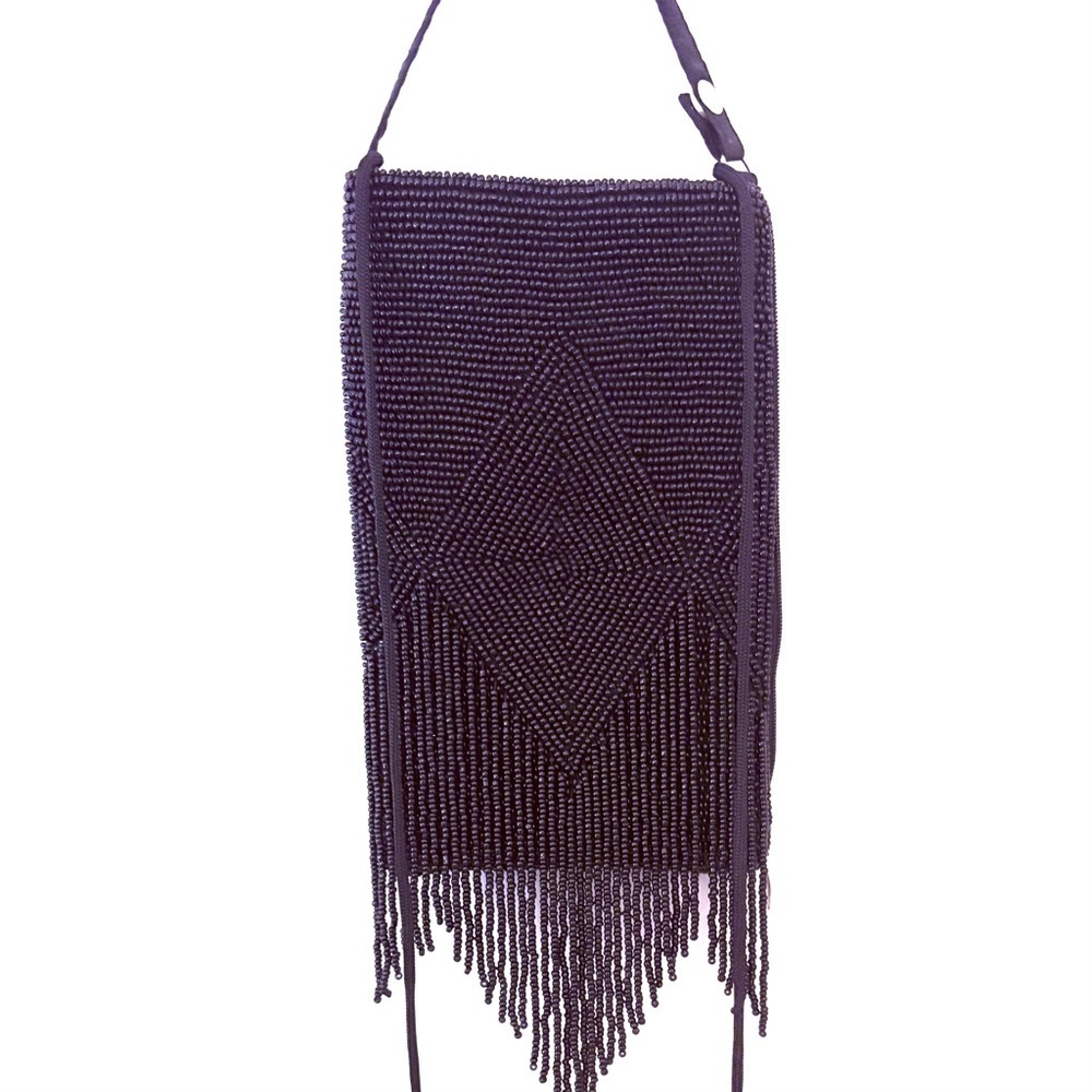 Bamboo Trading Company Black Beaded Boho Festival Crossbody Bag with Fringe